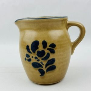 Pfaltzgraff Folk‎ Art Creamer Pitcher Blue Floral Tan Stoneware USA